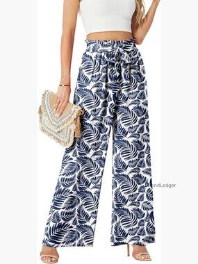 High Waist Wide Leg Pants with Pockets Flowy Casual Trousers Knot Design